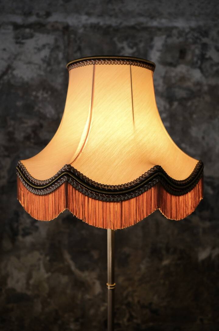 French brass floor lamp with fringes, mid-20th century