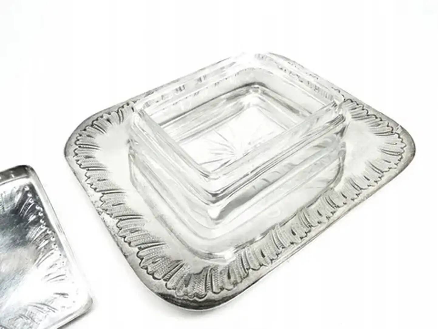 Art deco sardine container, silver-plated brass, crystal, belgium, 1930s