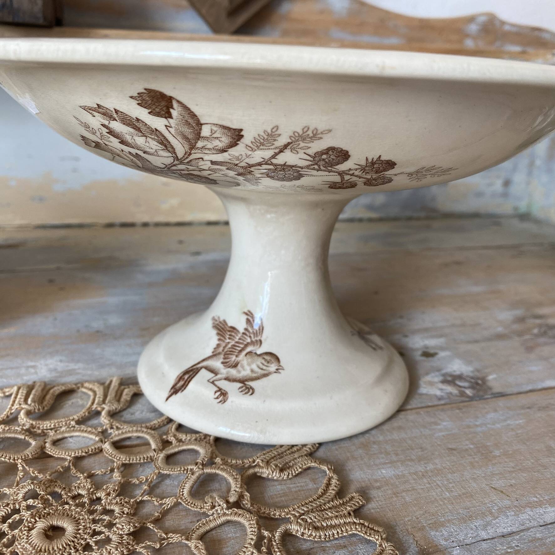 Sepia ironware compote dish, antique fruit bowl.