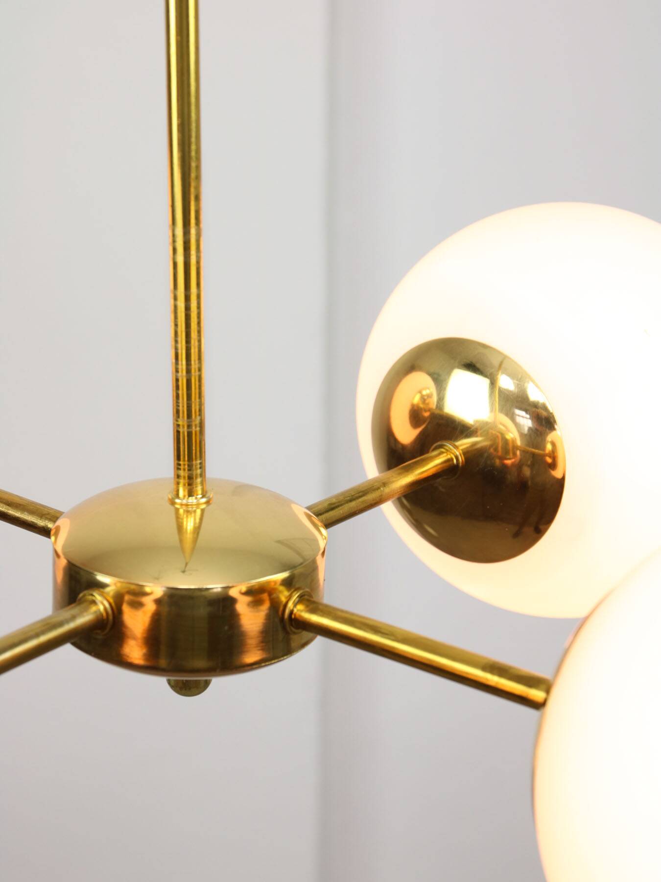Italian Mid Century Golden Sputnik Chandelier with Opaline Shades, 1960s