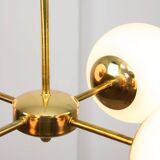 Italian Mid Century Golden Sputnik Chandelier with Opaline Shades, 1960s