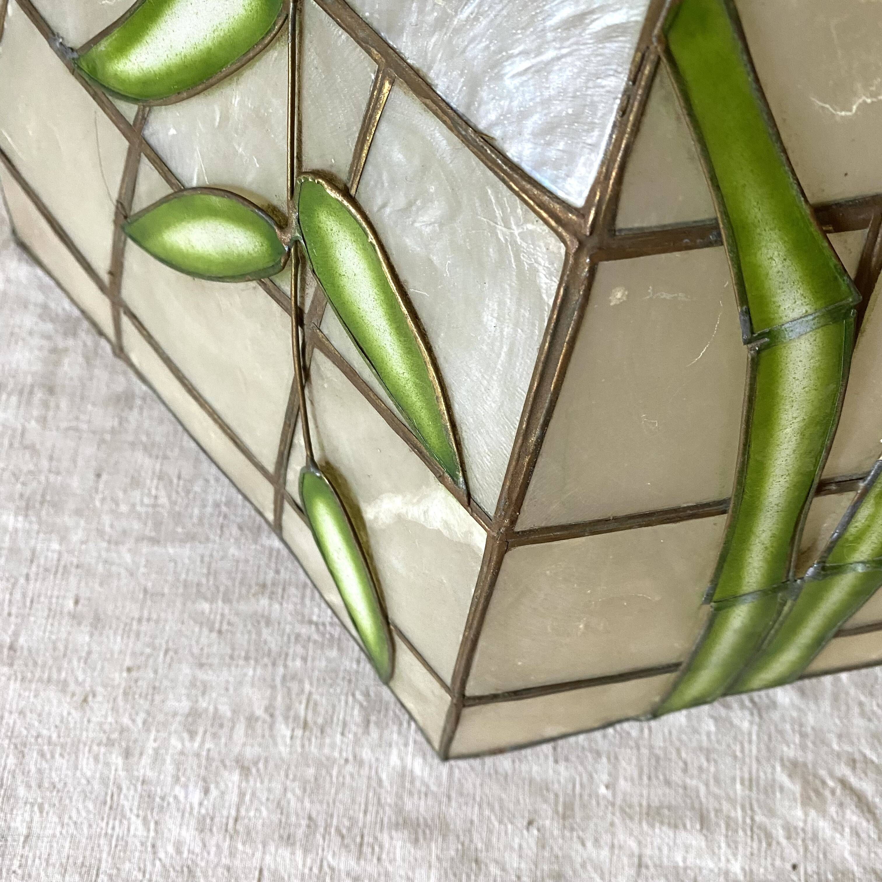 Pendant lamp in mother-of-pearl and brass with bamboo decor