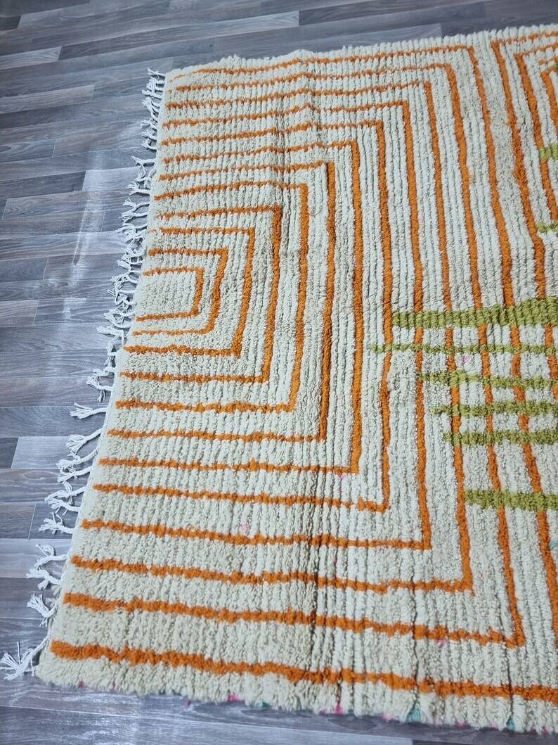 Handmade natural wool rug with colourful patterns, size 140/260 cm.