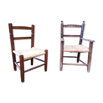 Set of old wooden children chair and armchair