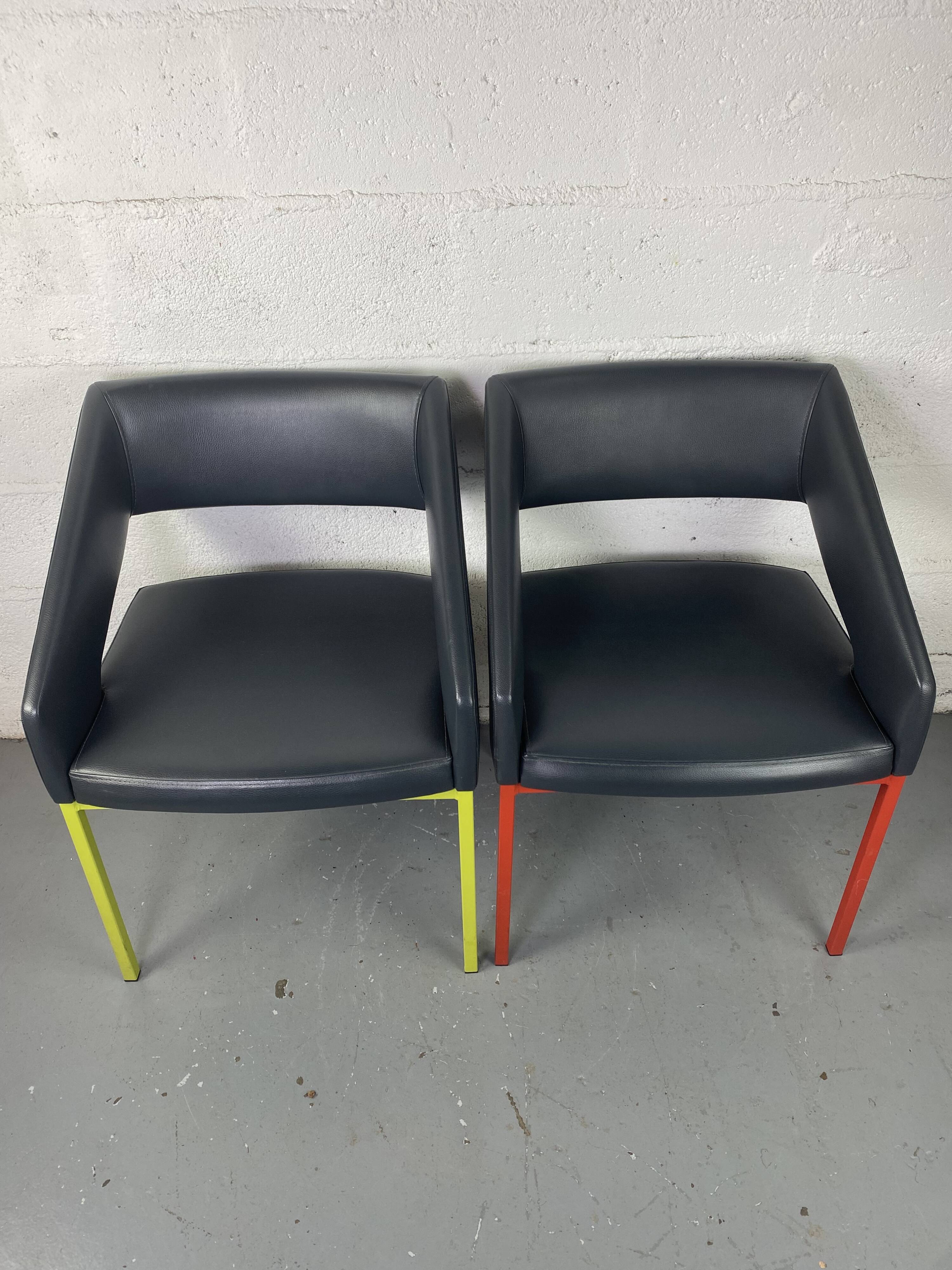 Pair of metal and leather armchairs / Green & Red