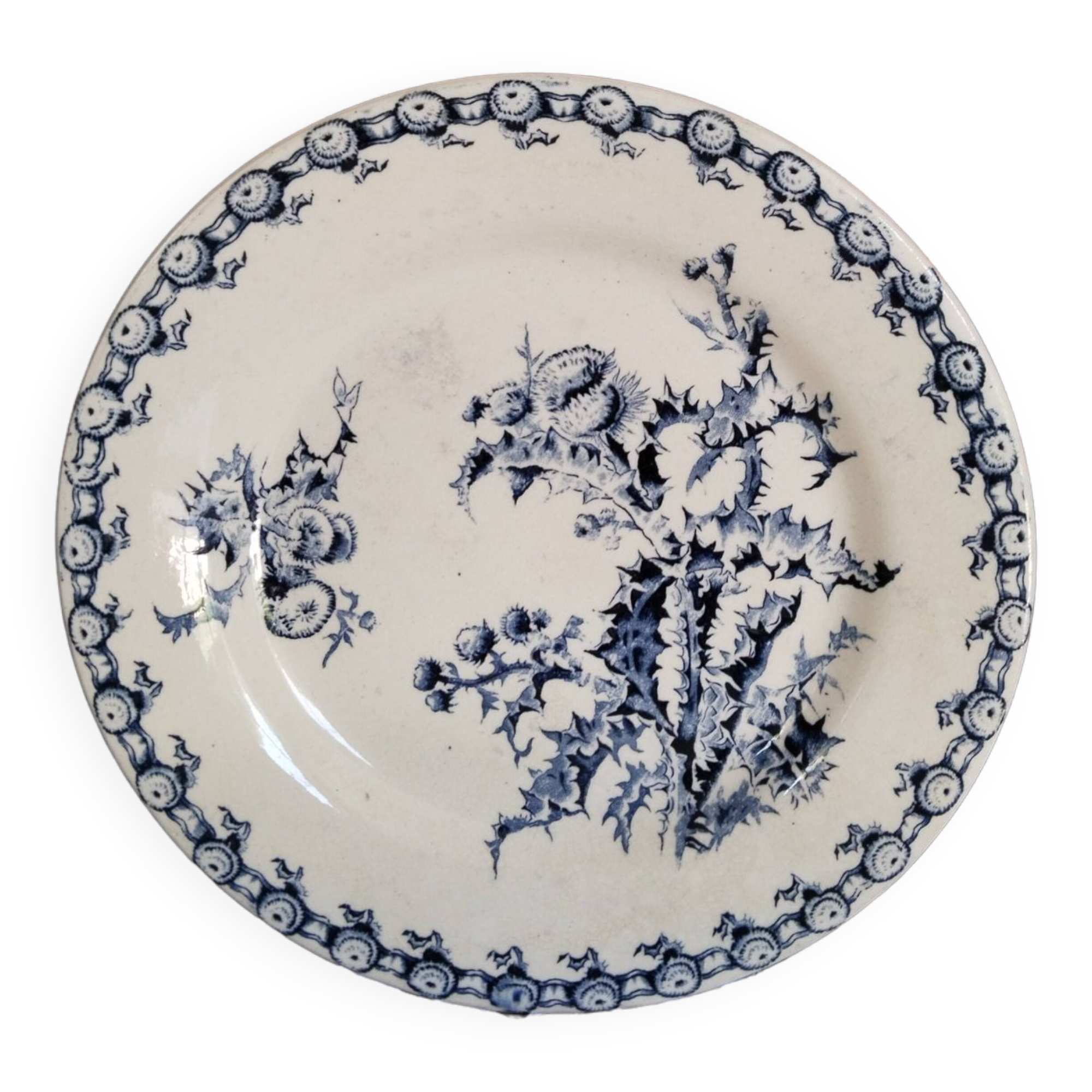 Gien earthenware plate, Terre de fer, Chardons model