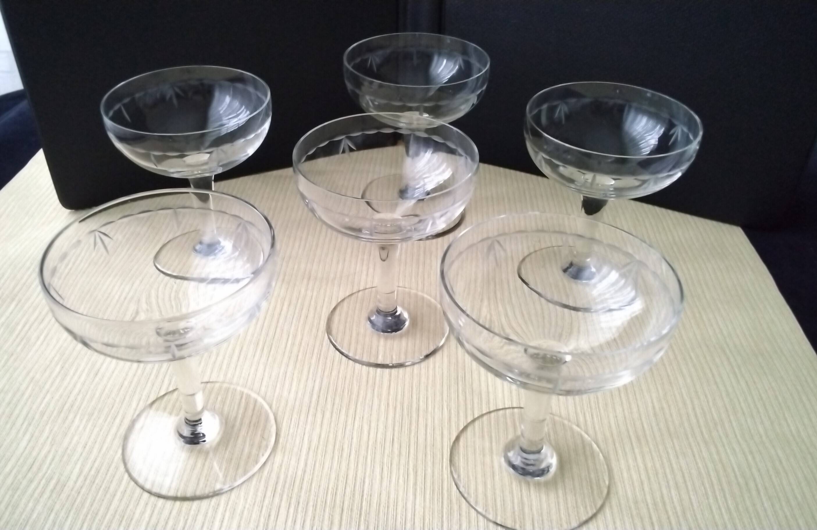 6 Vintage Ground Glass Champagne Glasses
