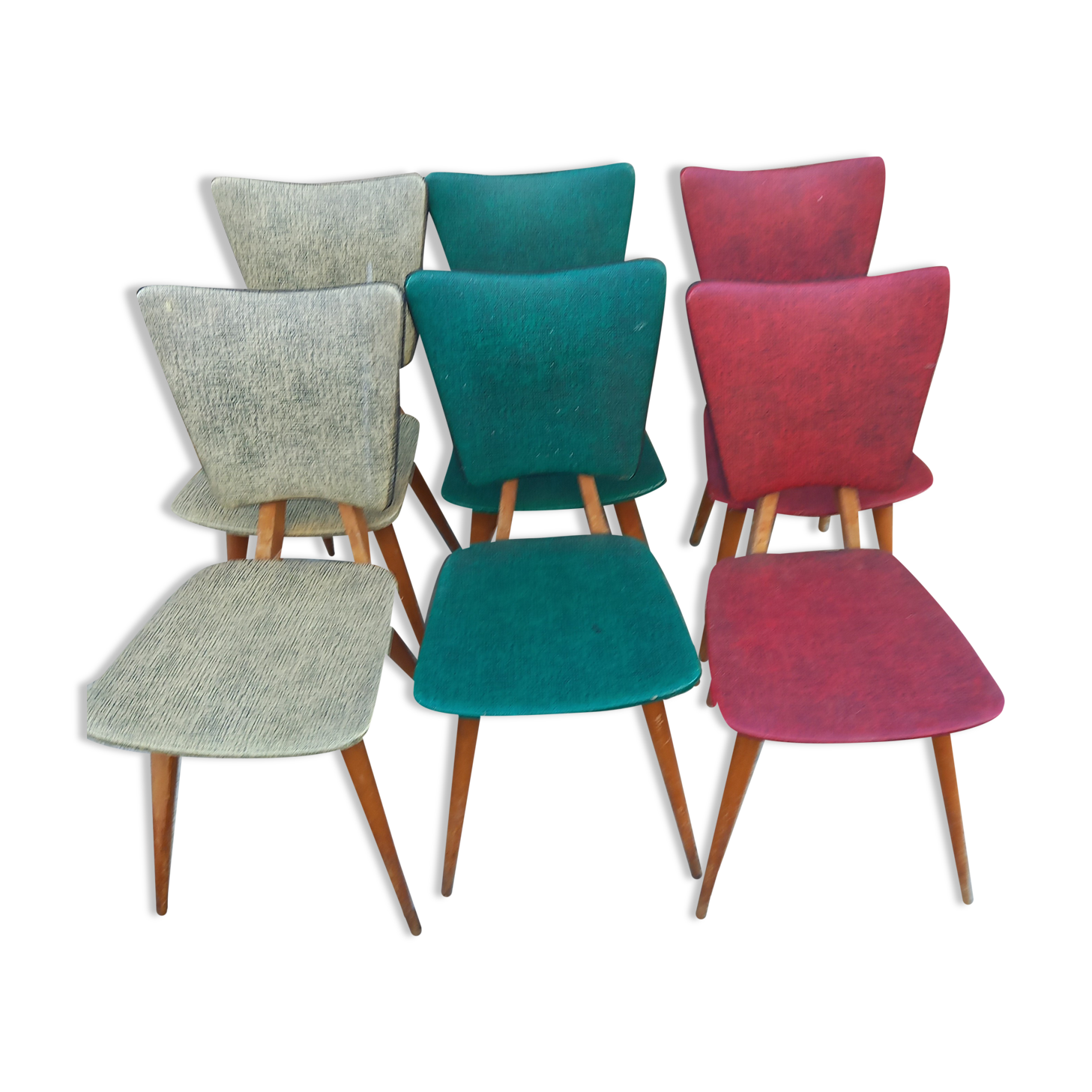 6 vintage 1950 Skaï chairs and wood