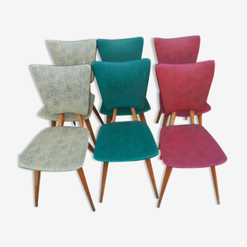 6 vintage 1950 Skaï chairs and wood