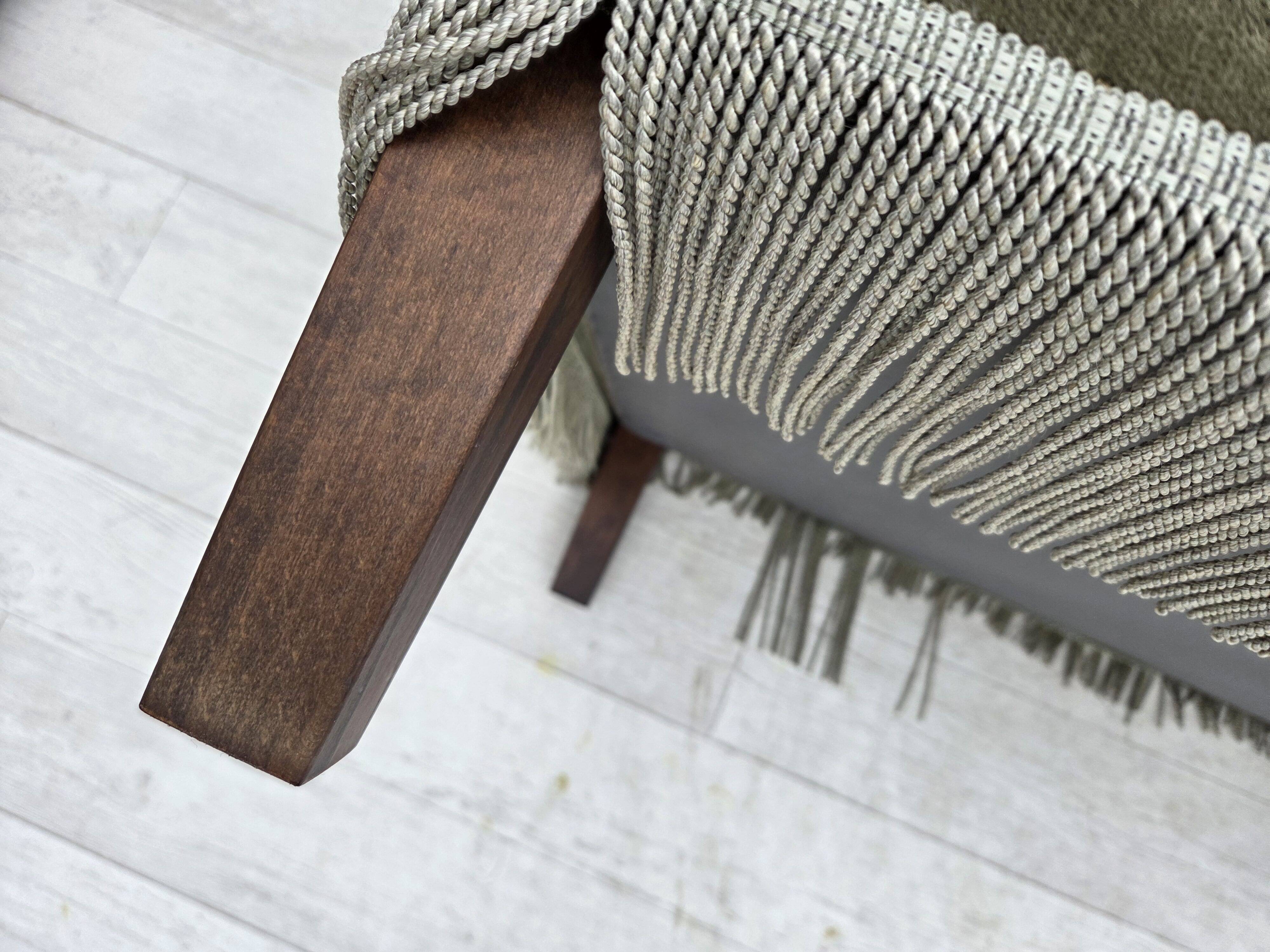 1970s, Danish armchair, original green furniture velour, beech wood.