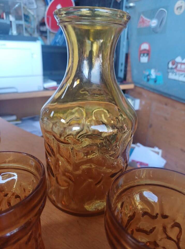 Vintage "BRF" Amber Carafe and 3 Glasses