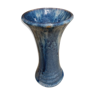 Vase en grès émaillé bleu signé