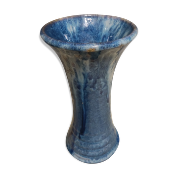 Vase en grès émaillé bleu signé