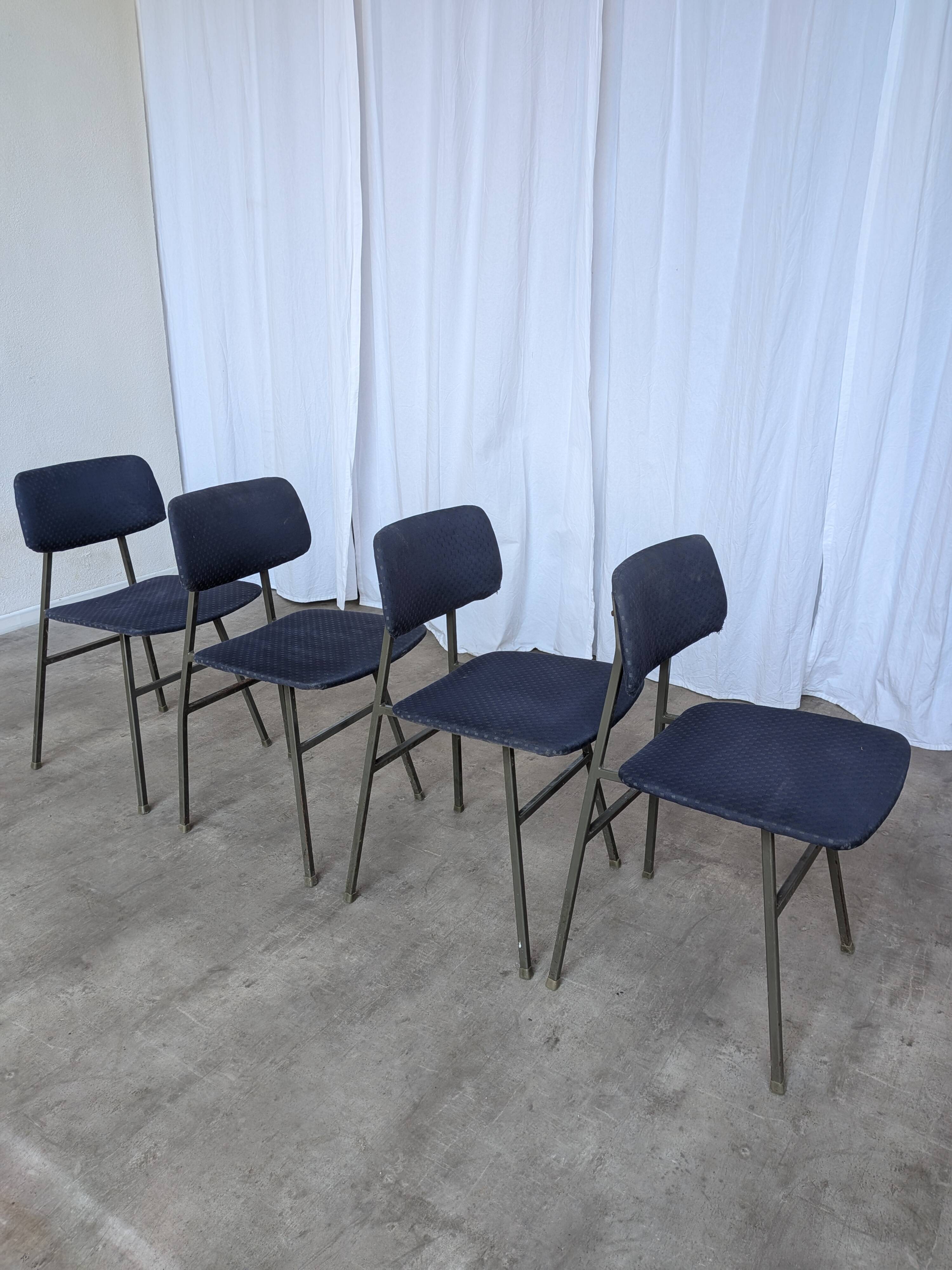 Set of 4 Vintage Stol Kamnik School Chairs Blue Upholstered Retro Dining Ch