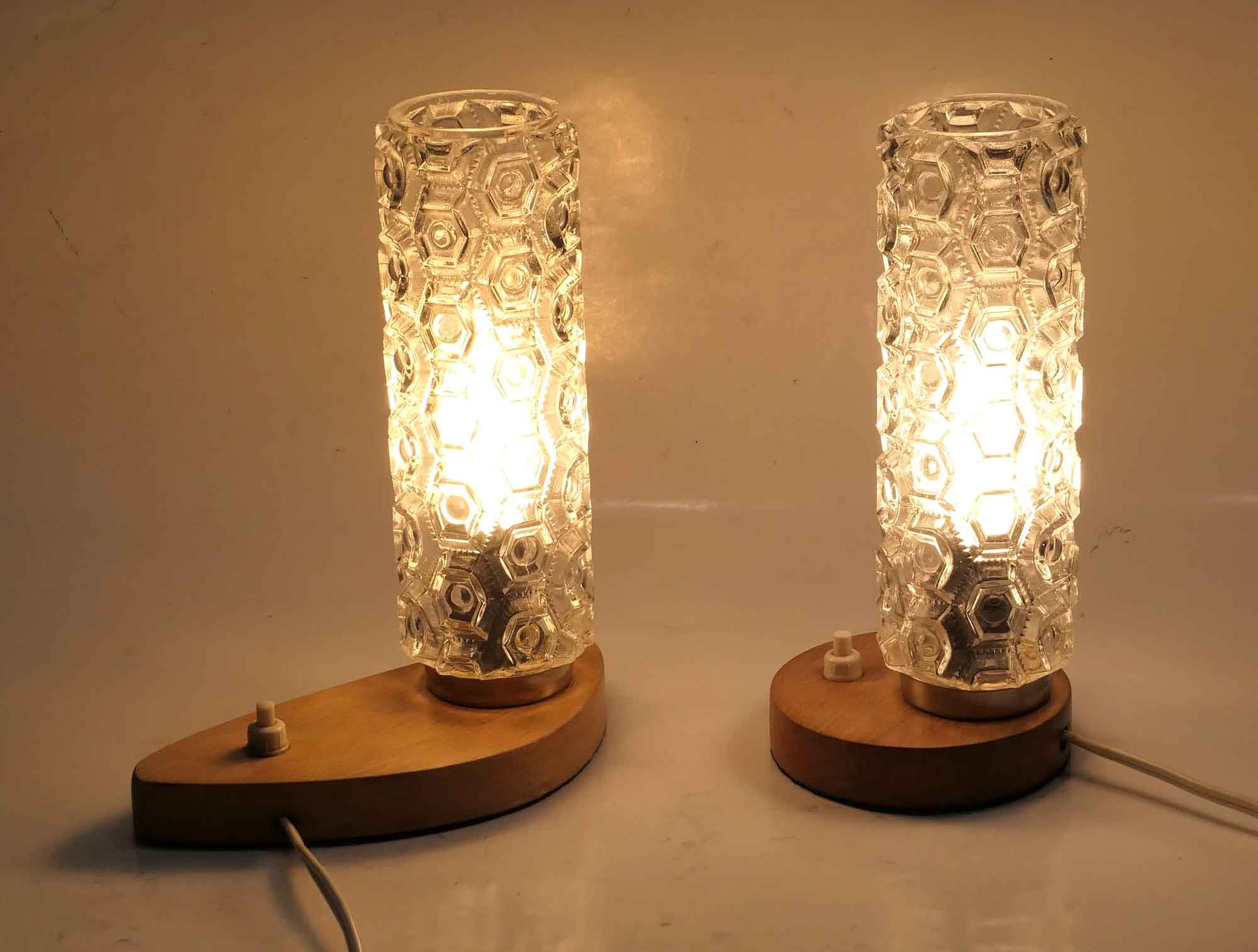 Pair of matching bedsides in light wood and 1960s glass