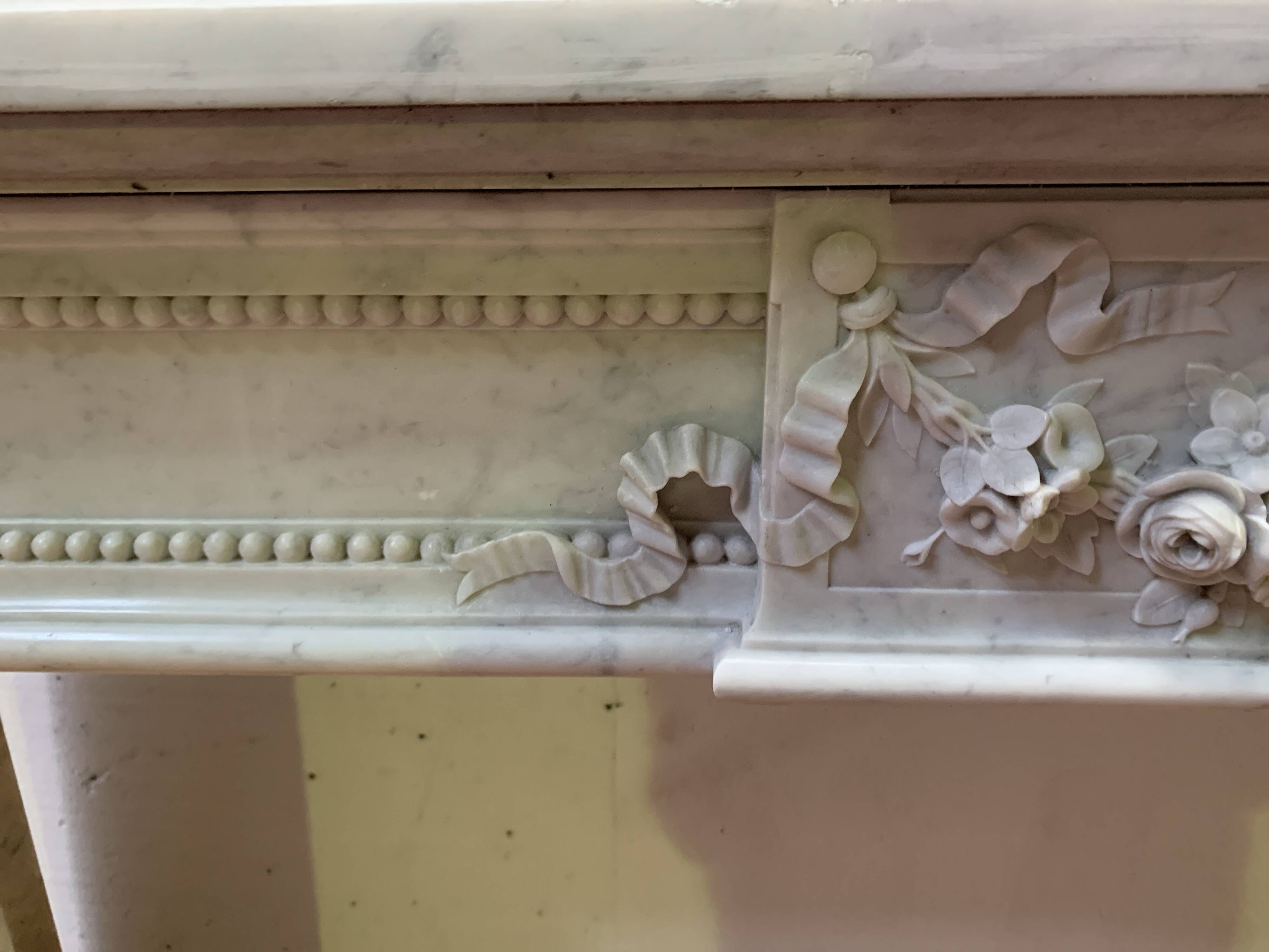 Louis XVI style fireplace in white Carrara marble, 19th century