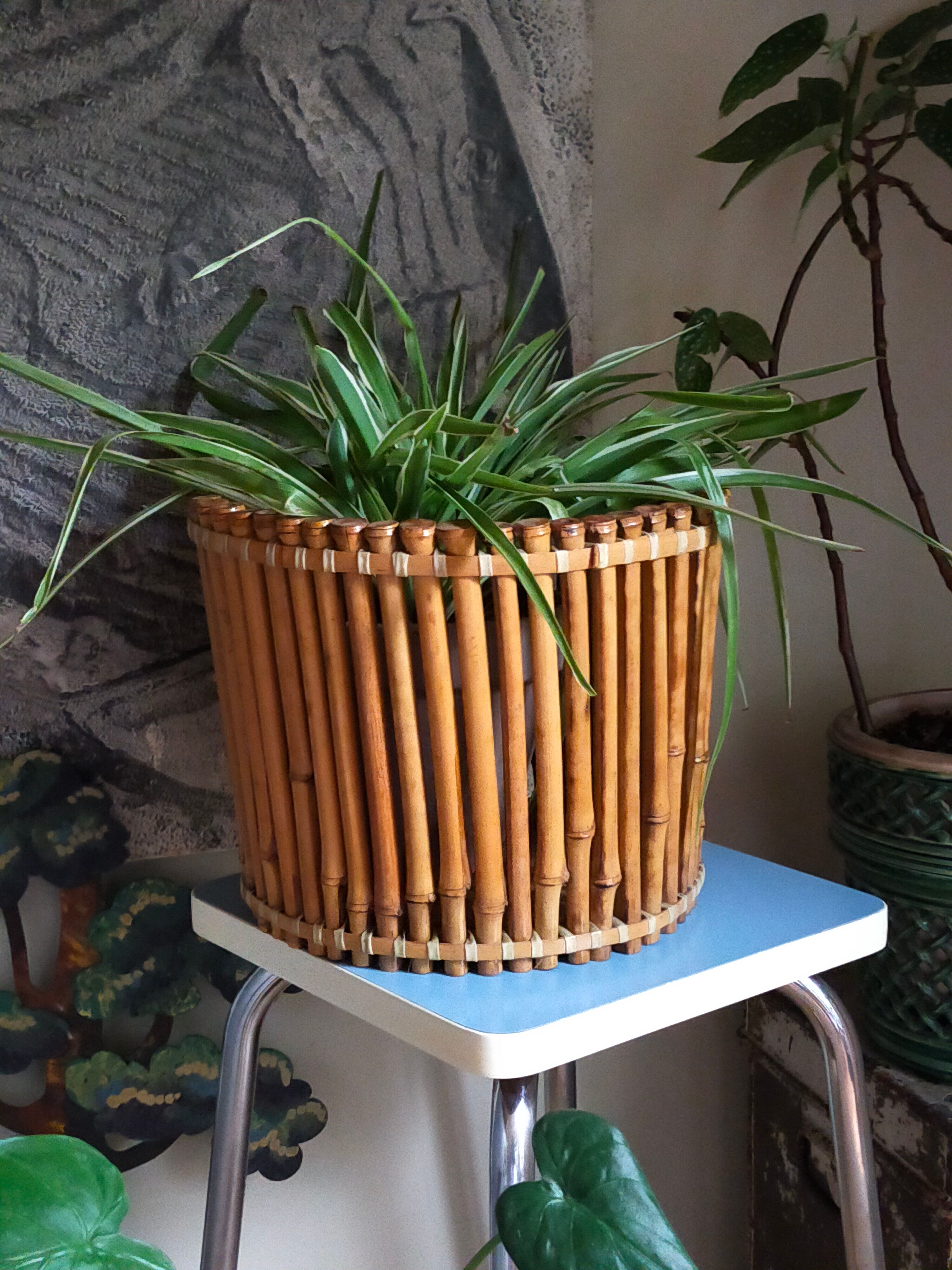 Pot cover basket Art-popular bamboo and scoubidou 50s