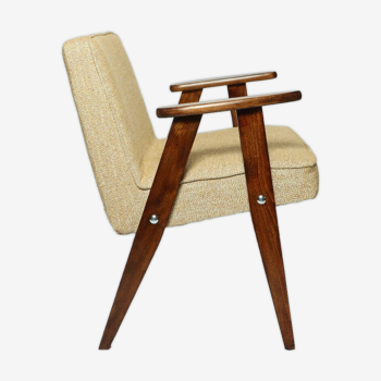 Fauteuil vintage chaise longue en bois jaune ocre design par Chierowski 1962 milieu du siècle moderne style scandinave Boho ethnique salon Fauteuil de salon