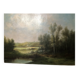 Large 19th century peaceful landscape painting signed Lenglet