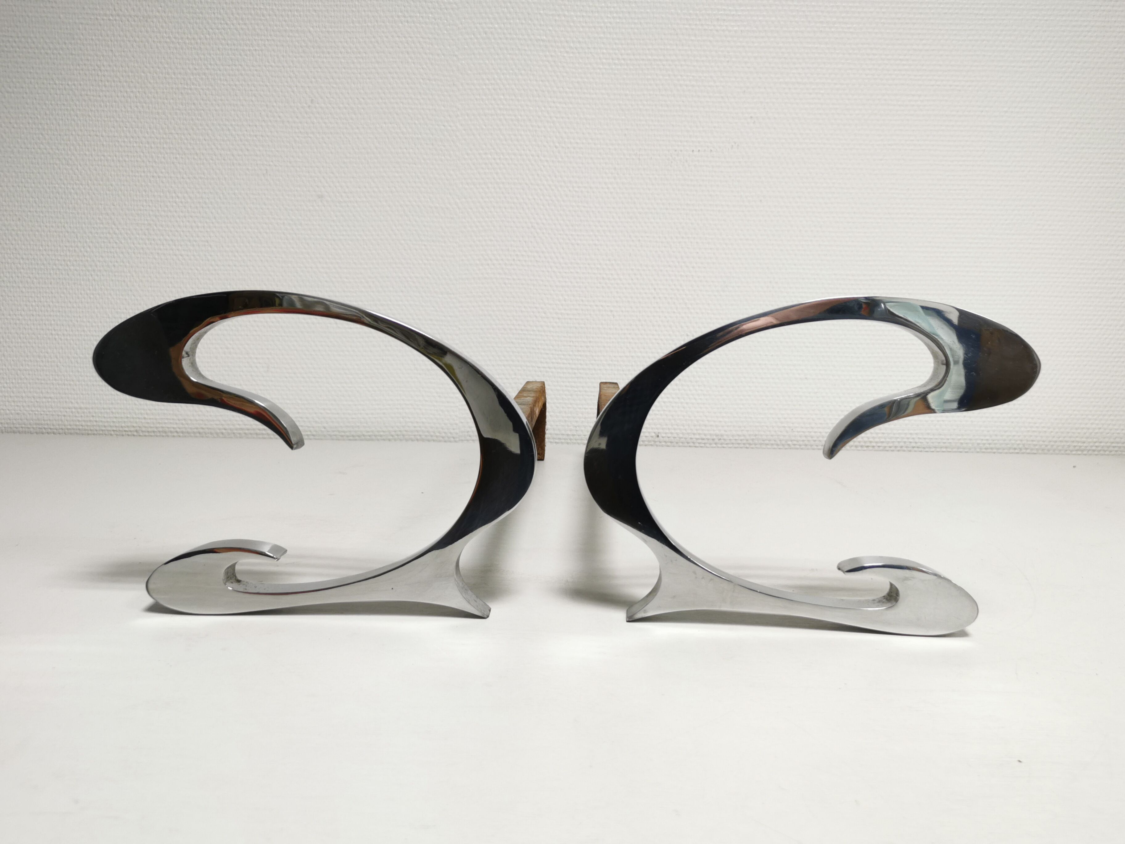 Pair of andirons in brushed steel and metal edition Jean-Paul Créations circa 1970