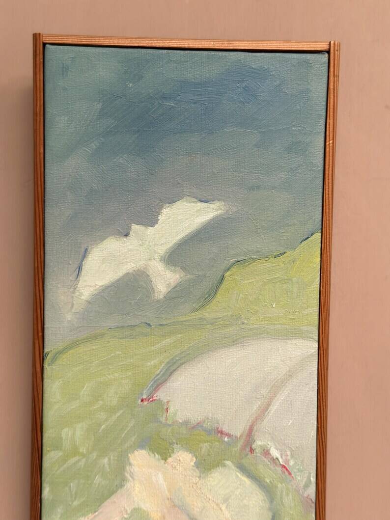 Original Swedish Oil on Canvas – "Woman with Dove" by G.G., 1990 – vintage and framed – 35.5 × 16 cm (13.9" × 6.2")