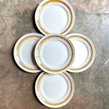 5 assiettes plates St Amand en faïence jaune et dorée