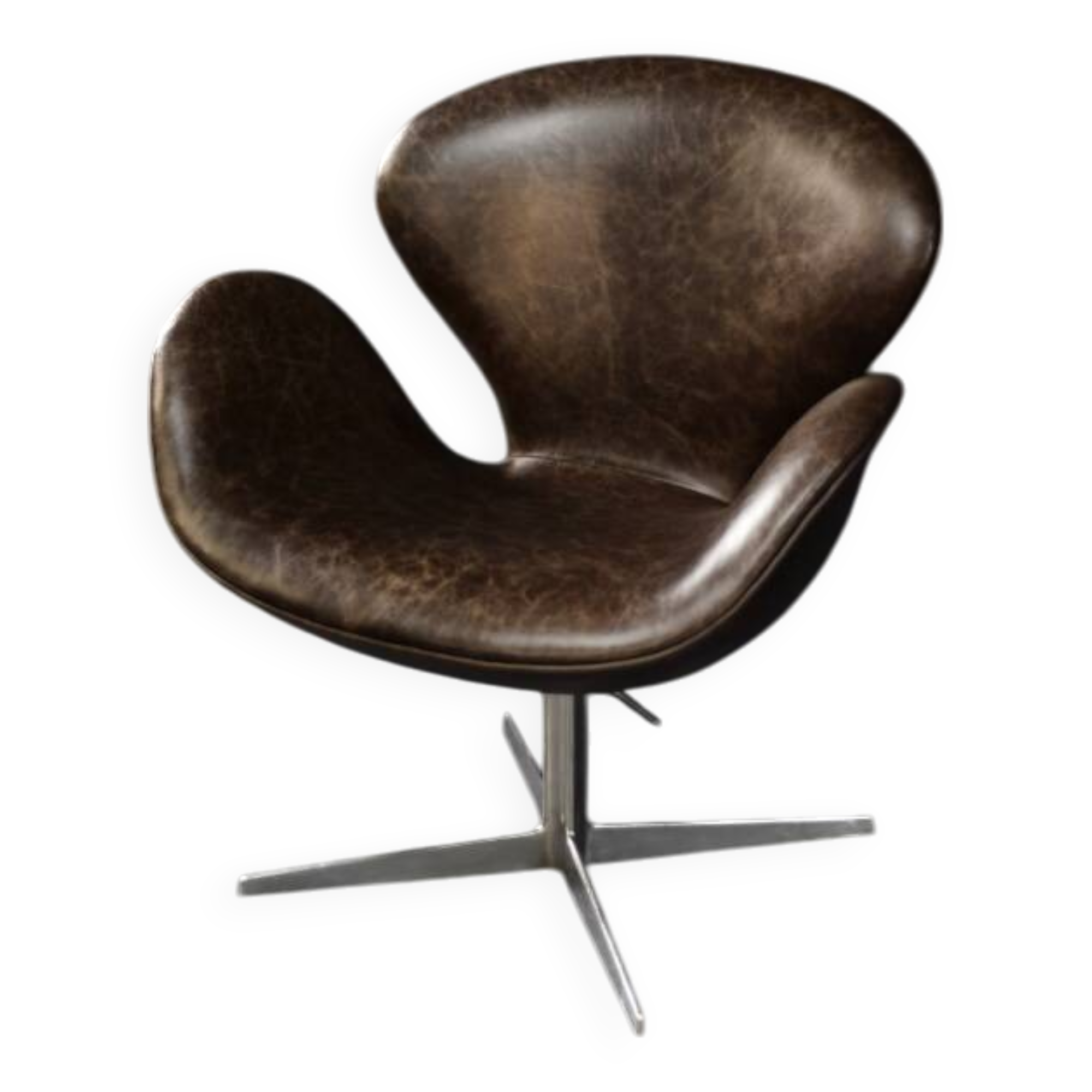 Brown leather Swan chair by Arne Jacobsen, mid-century Danish modernity.