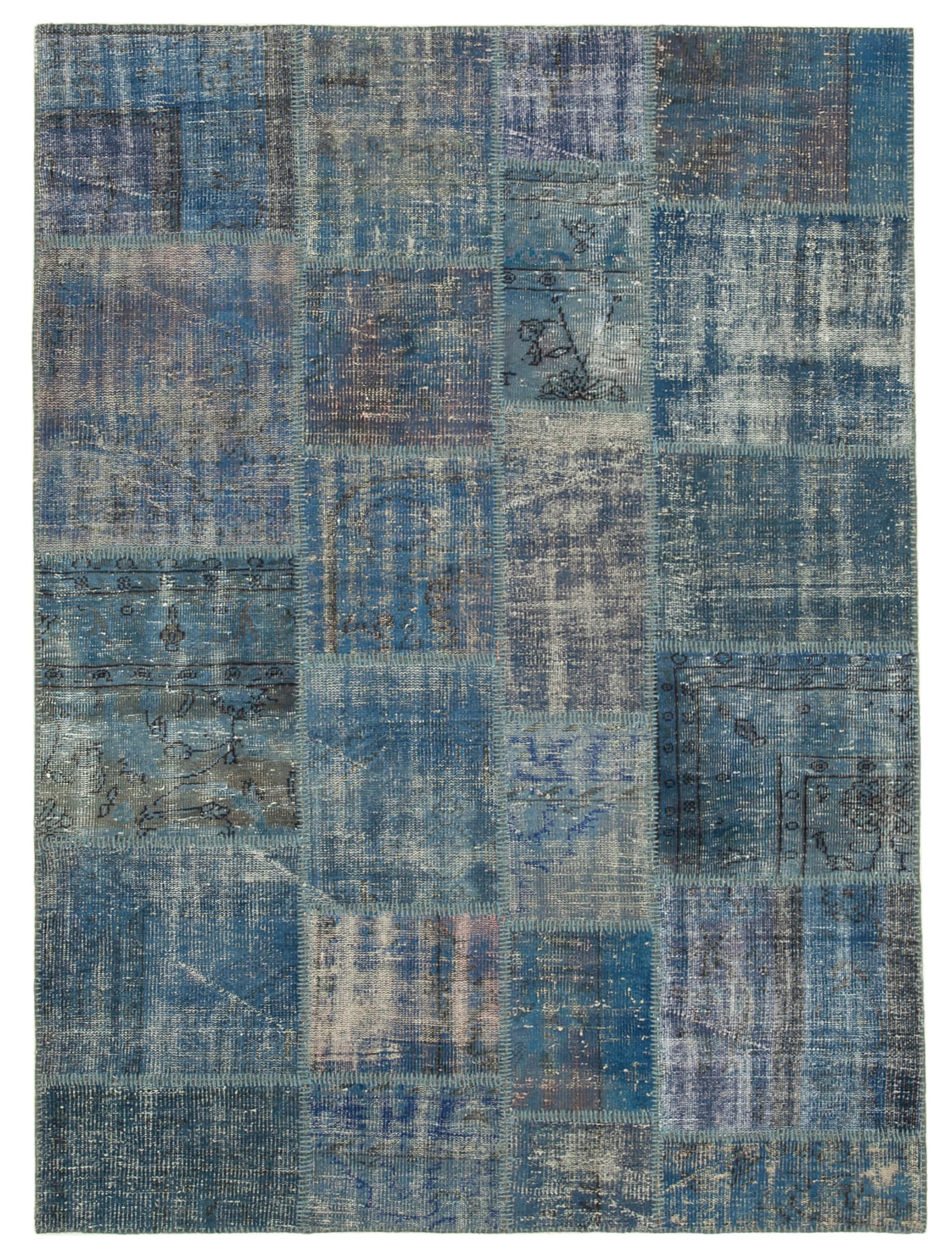 Handmade anatolian overdyed 176 cm x 243 cm blue patchwork carpet