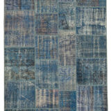 Handmade anatolian overdyed 176 cm x 243 cm blue patchwork carpet