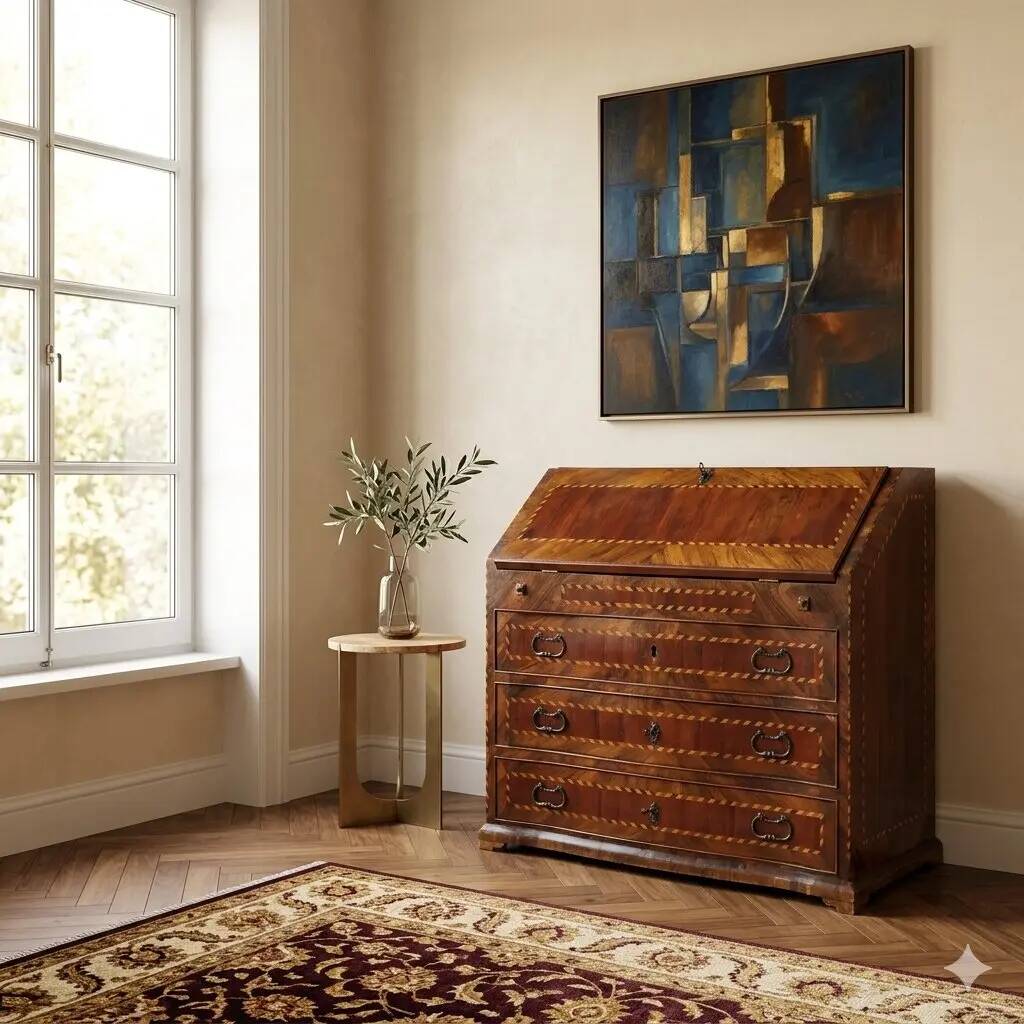 Antique drop-leaf cabinet in various types of wood, Italy, 18th century.