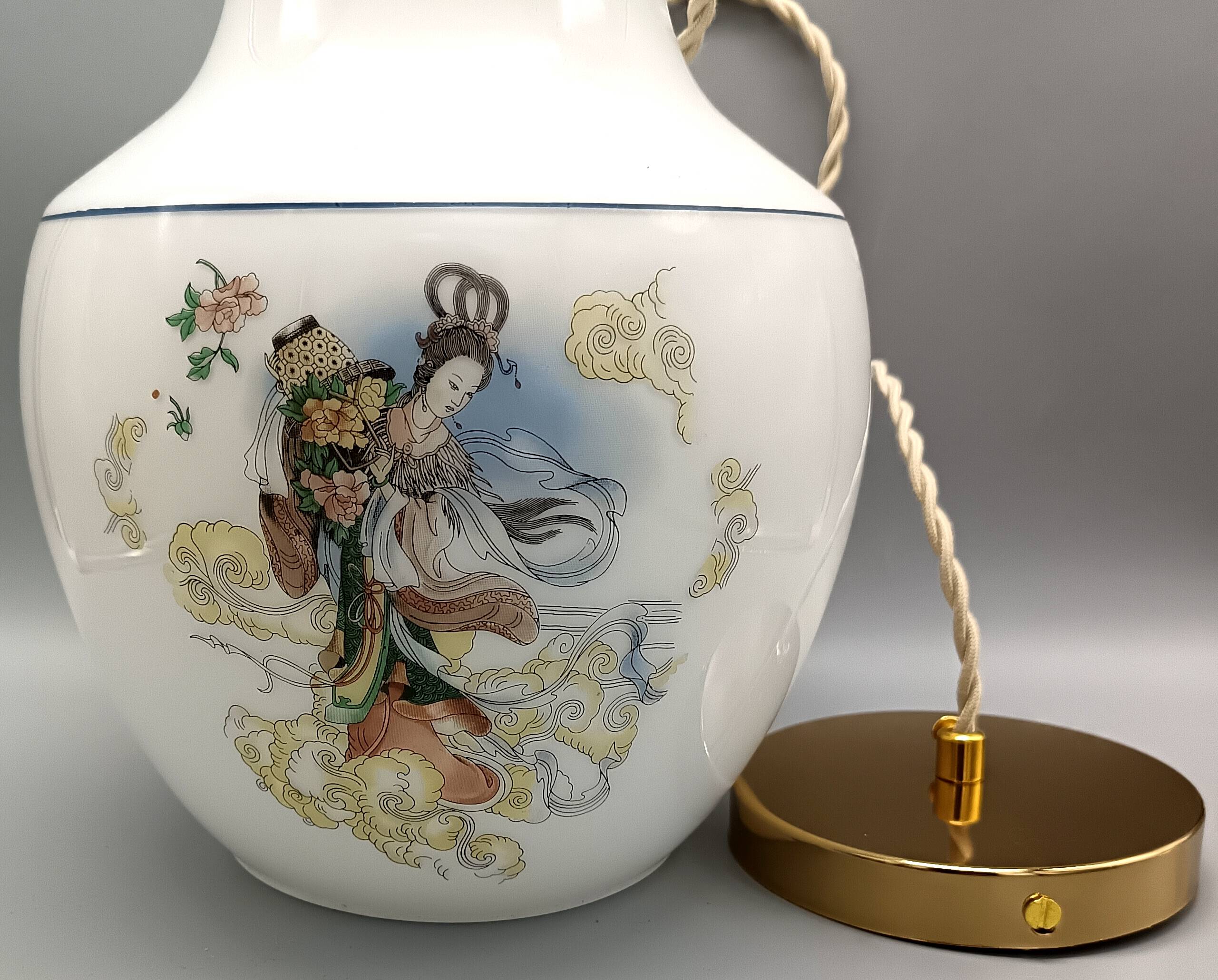 Vintage opaline glass pendant, multicoloured geisha patterns 1960, Anouck