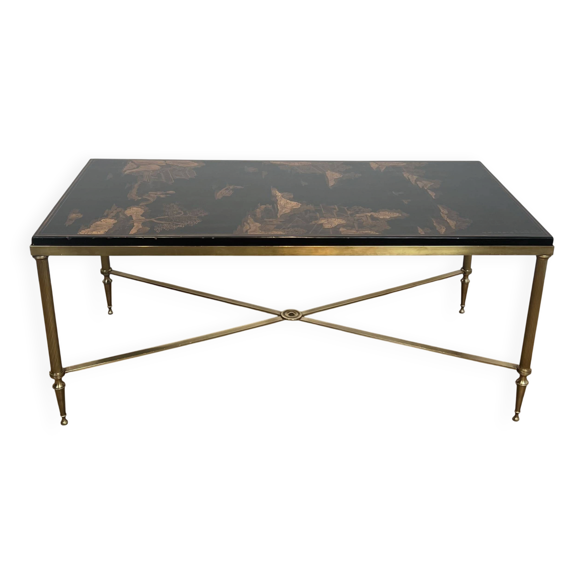 Neoclassical Brass Coffee Table with Lacquered Top Representing