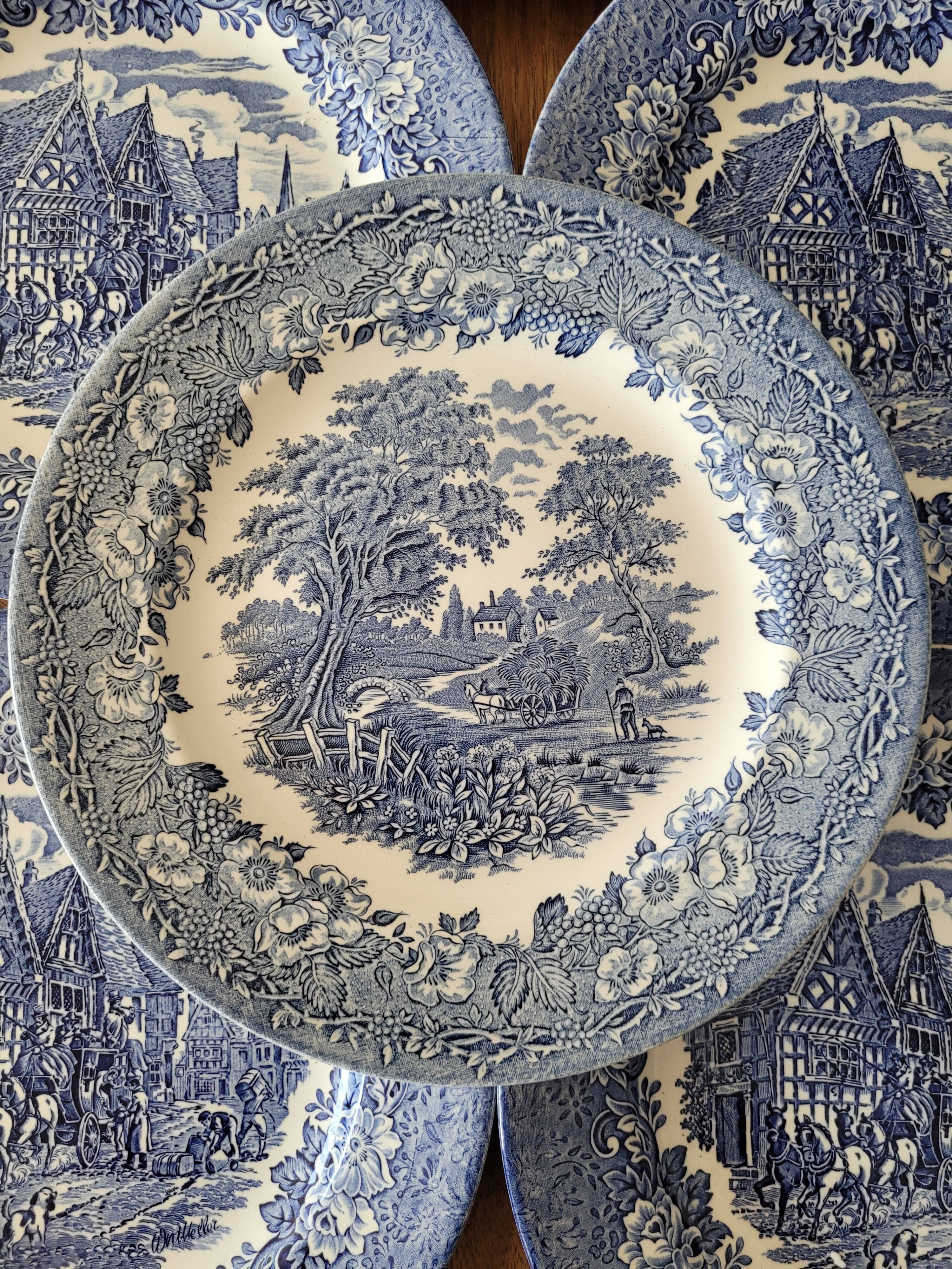 6 blue plates made in england
