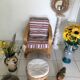 Canning rattan chair and vintage foot rests