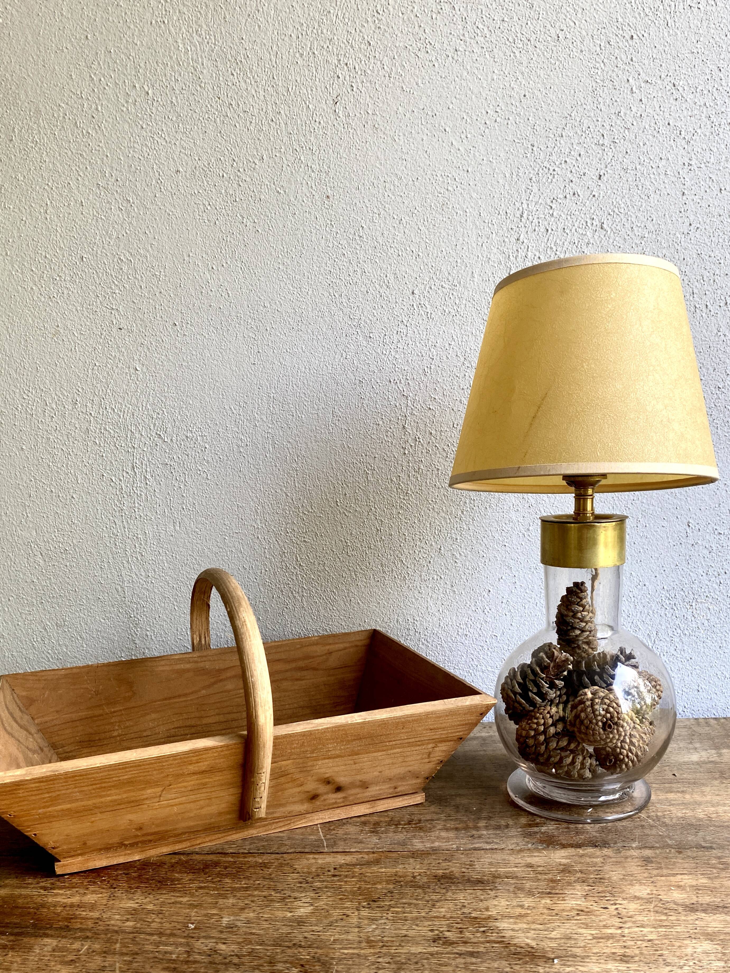 Glass lamp, brass, 2 M fabric cable, 50s lampshade