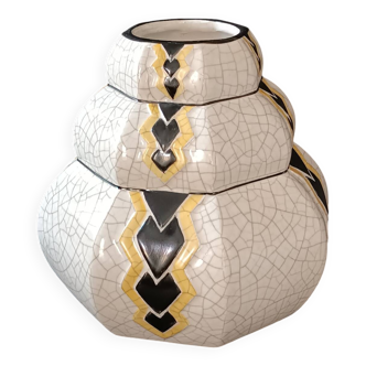Vase art déco craquelé décor noir et jaune