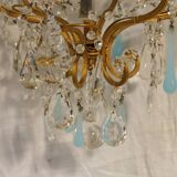Lustre à pampilles bleues en verre et opaline XXe siècle