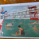 Cadre en bois avec une affiche la piscine vintage Rossignol 1960/70