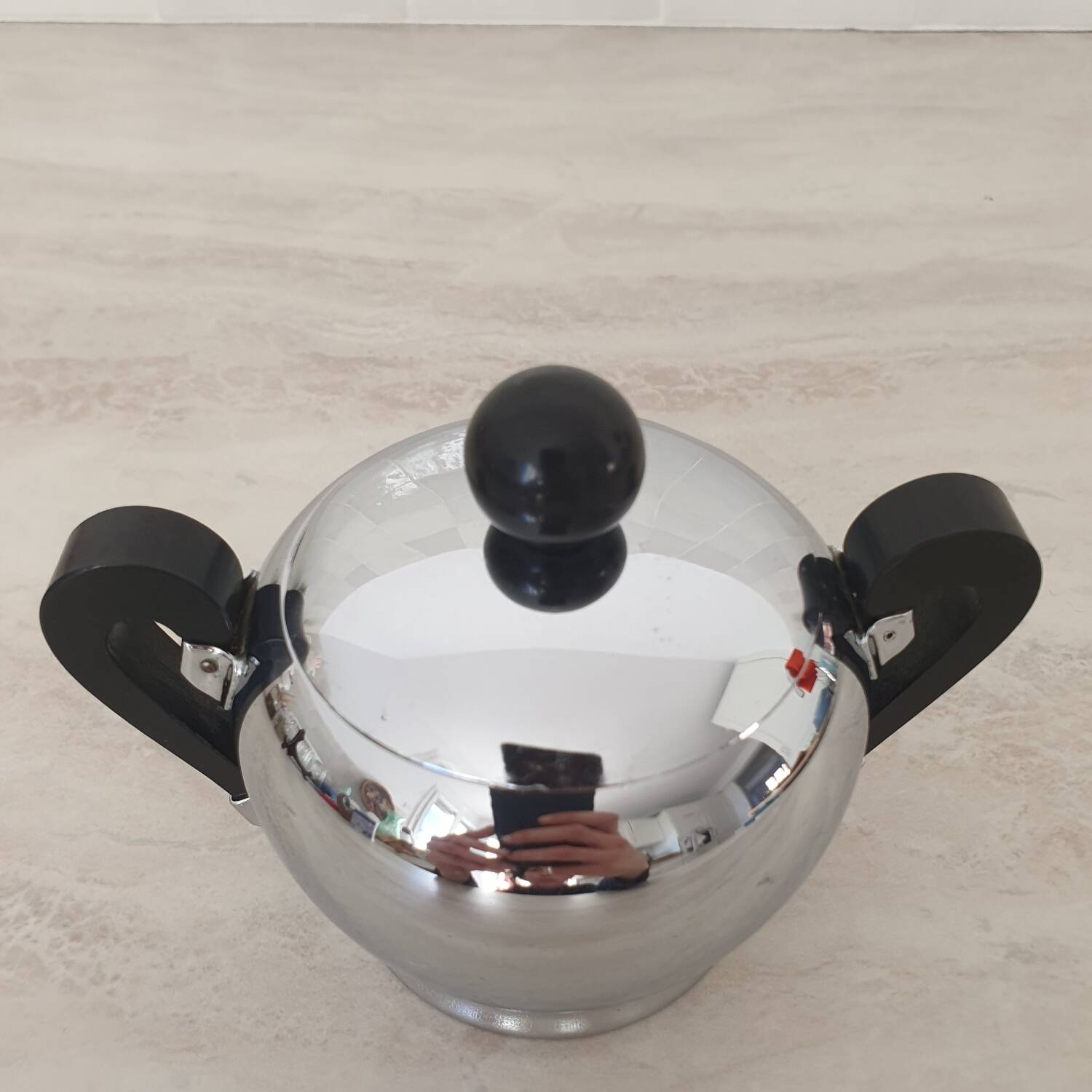 Alessi / Stainless steel and bakelite sugar bowl, "Bombé" collection