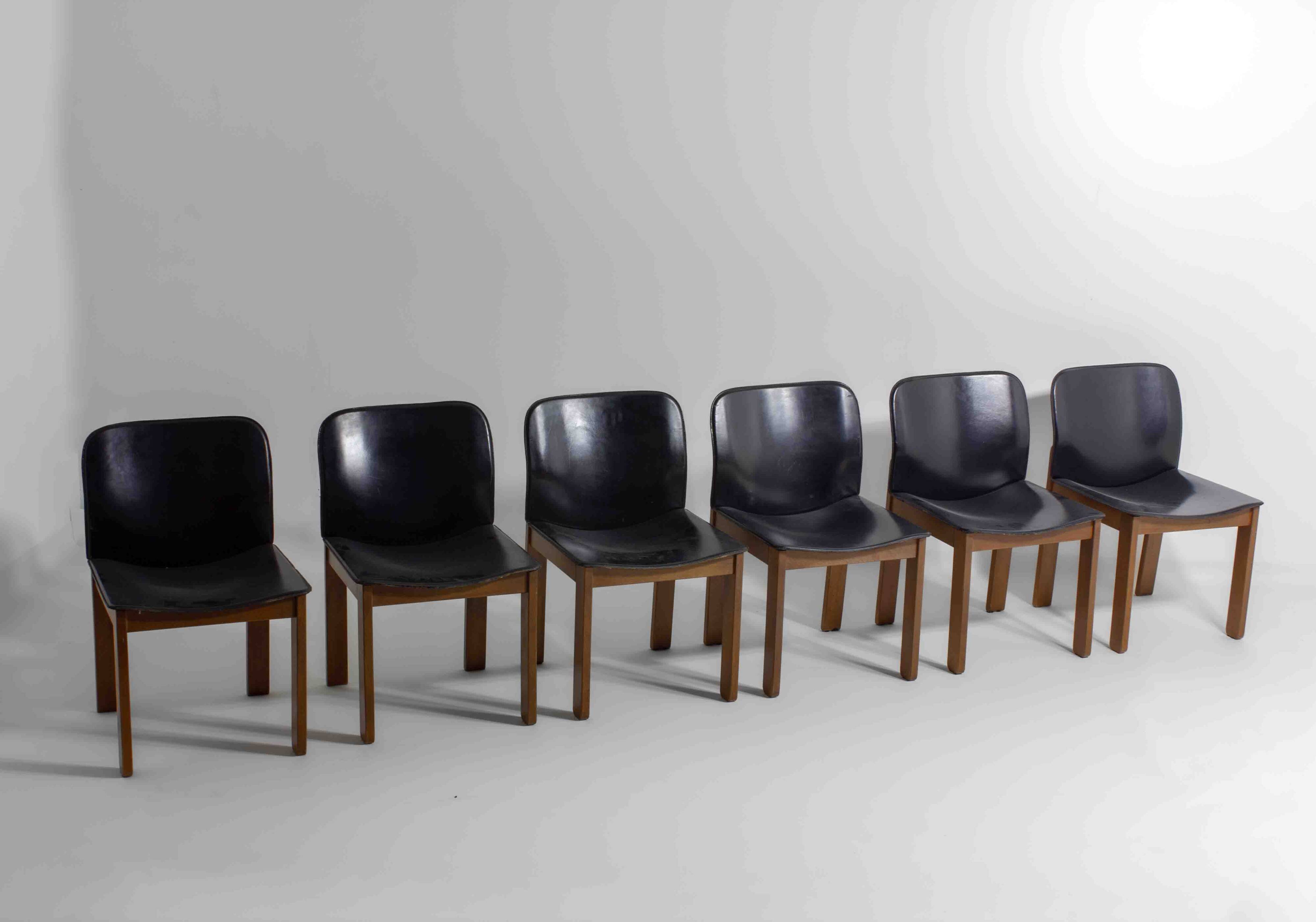 Set of 6 black leather dining chairs by Afra & Tobia Scarpa, 1970's