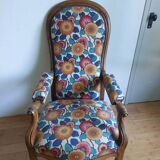 Voltaire armchair with a rack, wheels, and a toad chair in matching fabric.