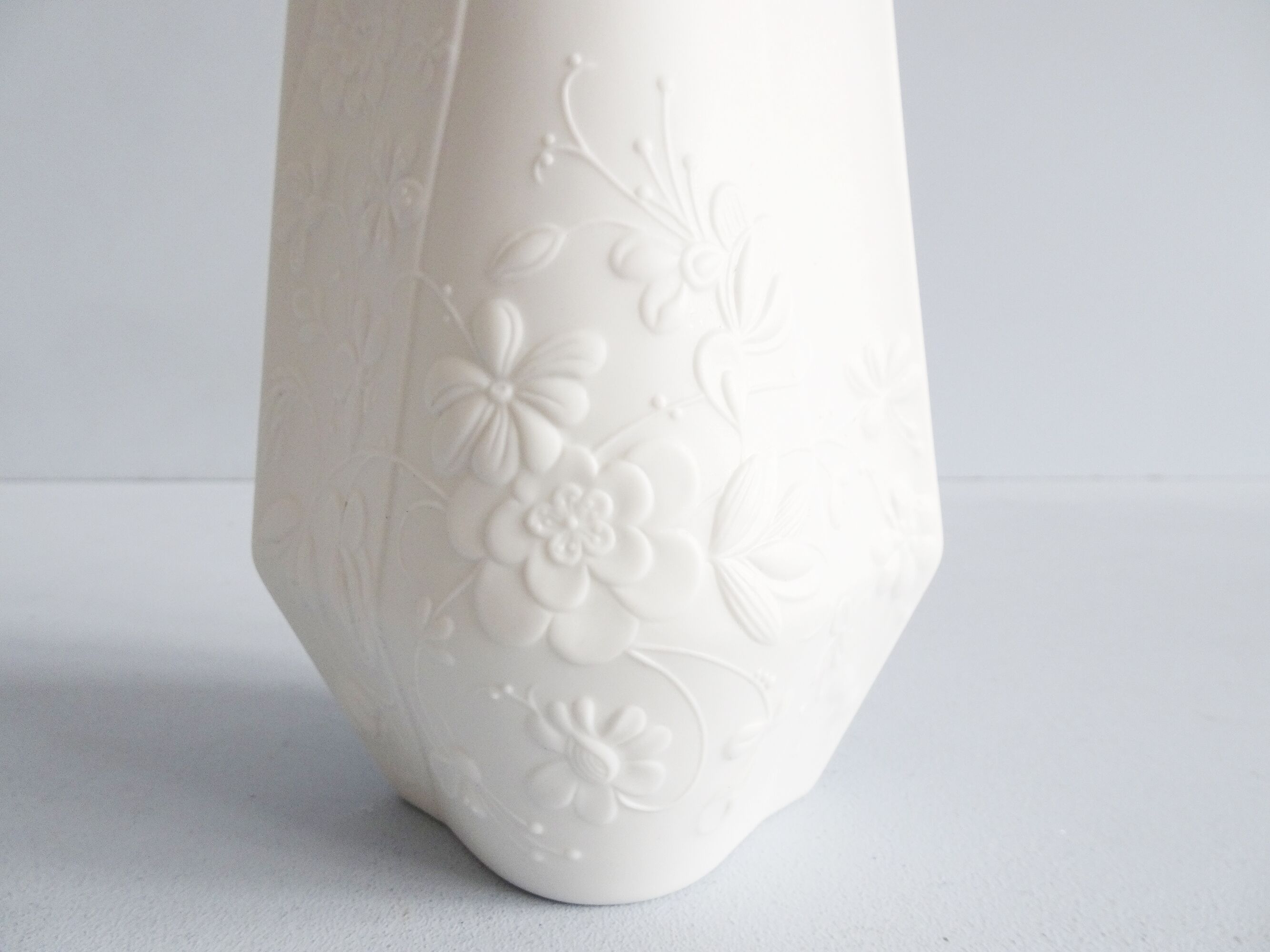 AK Kaiser bisque vase design M. Frey, white vase with flower relief