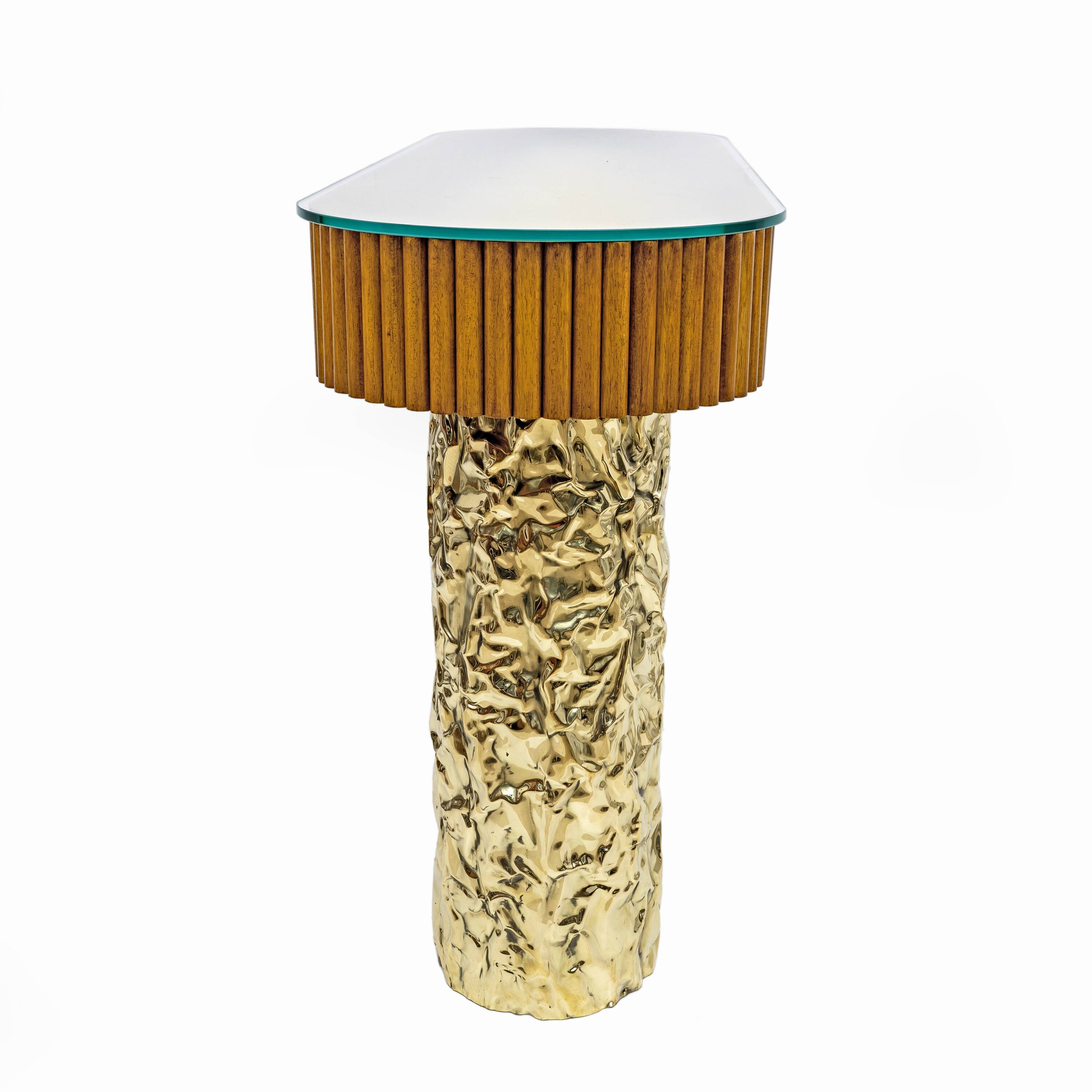Mid-Century Style Wood and Brass Center Console, Italy, 1990s