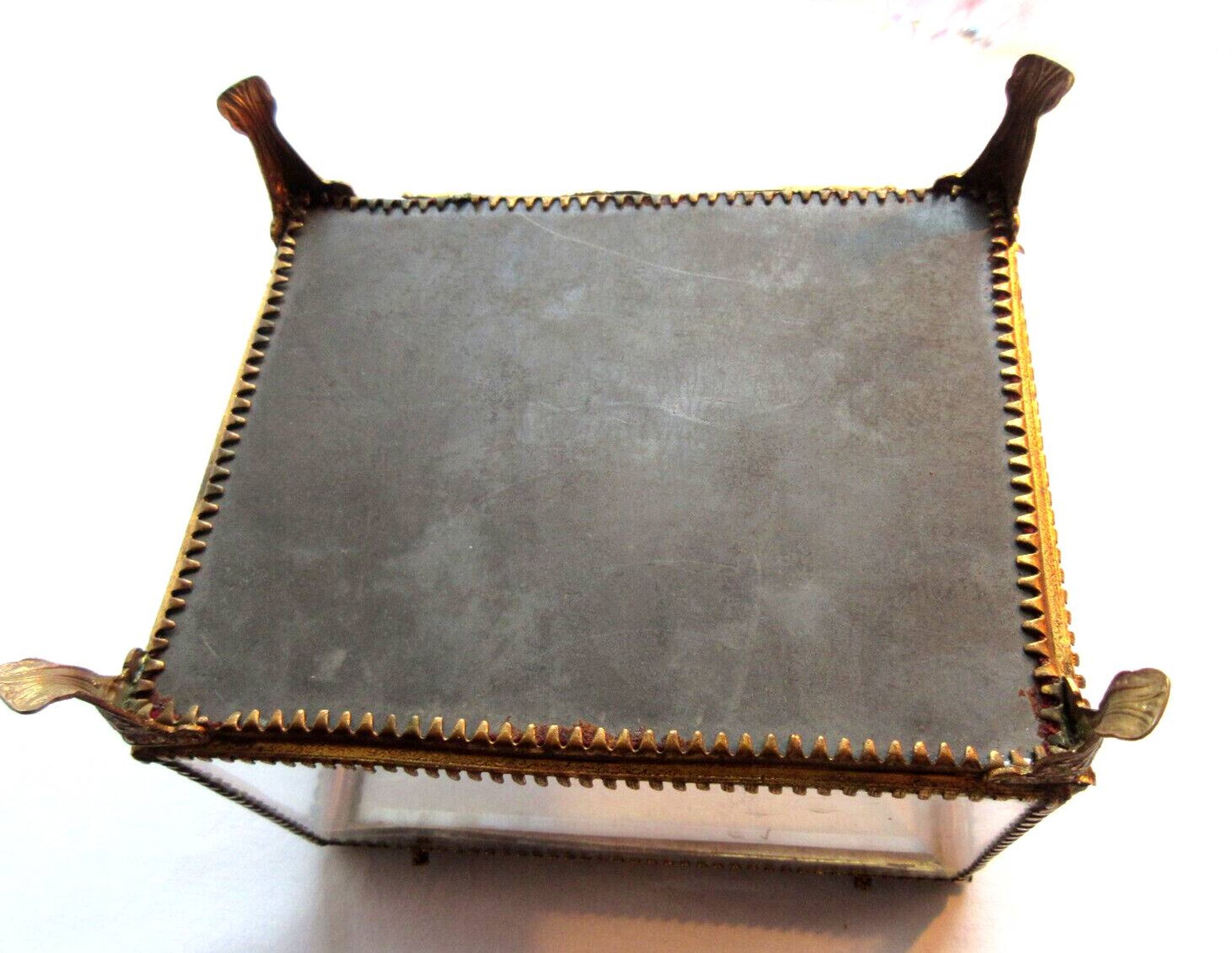Napoleon III jewelry box, beveled glass and gilded brass, red padded, 4 feet
