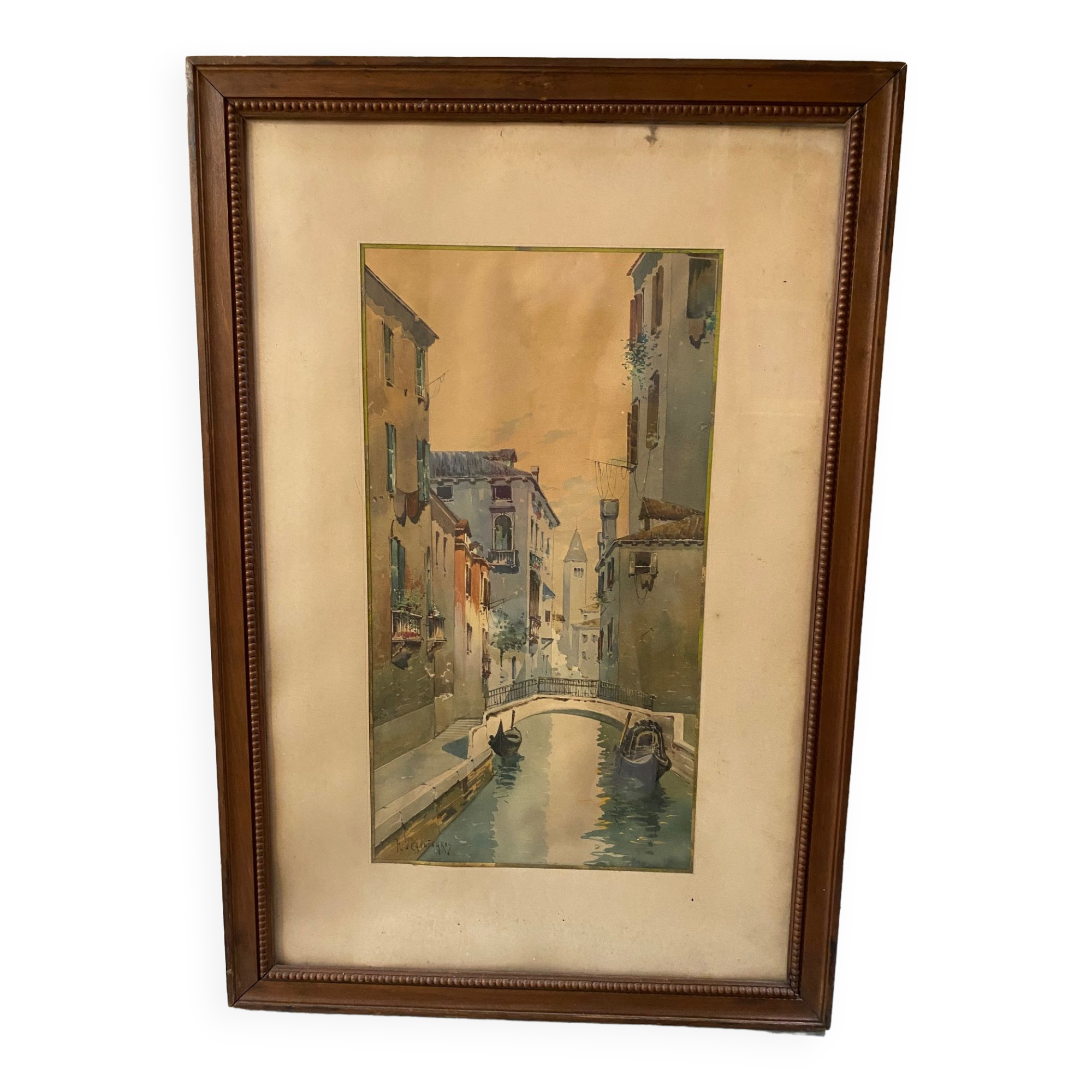 Watercolor signed f. jeannin gros - rialto in venice framed and under glass early twentieth century