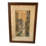 Watercolor signed f. jeannin gros - rialto in venice framed and under glass early twentieth century