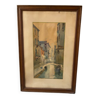 Watercolor signed f. jeannin gros - rialto in venice framed and under glass early twentieth century