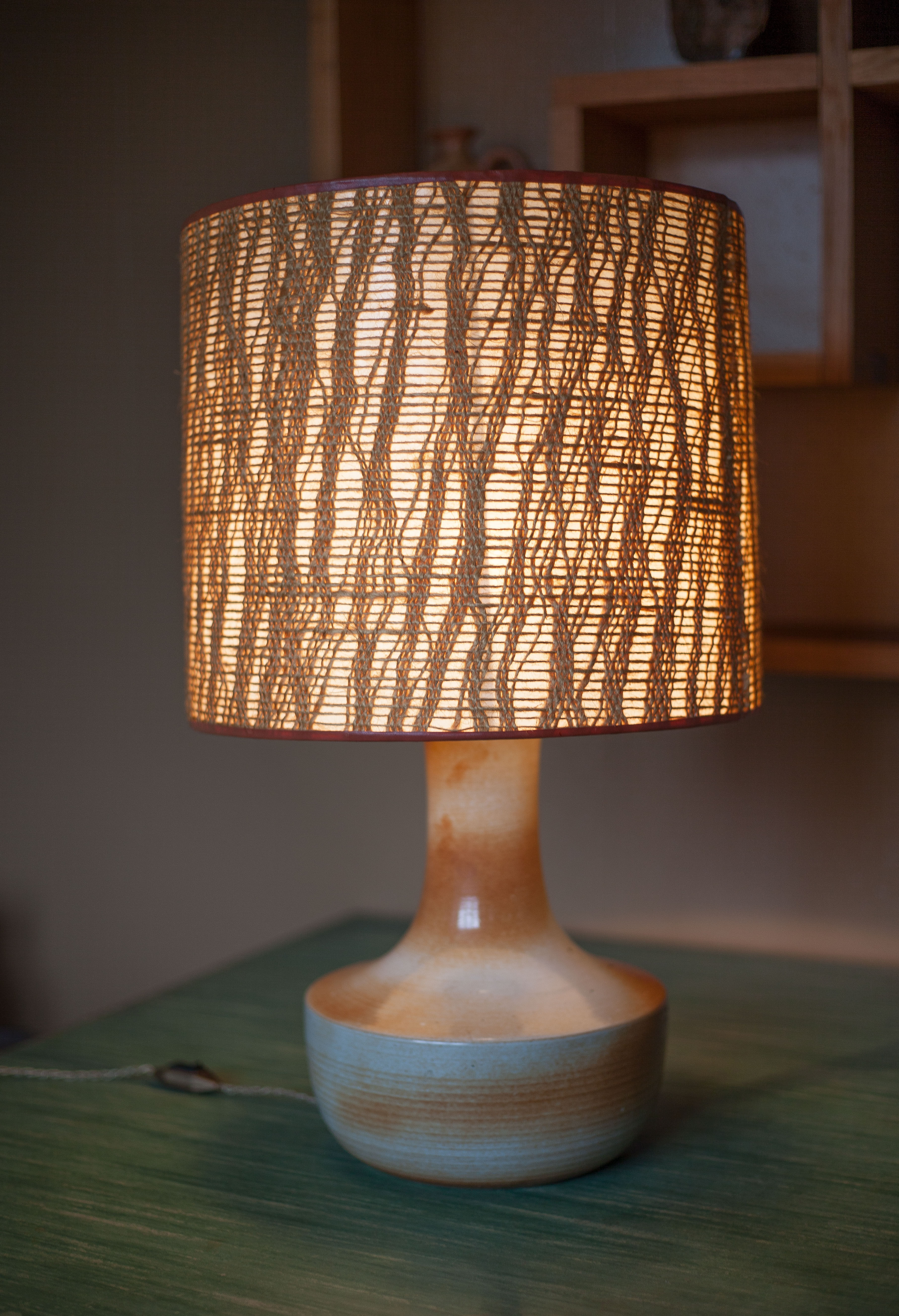 vintage lamp, table lamp, lampshade lamp, sandstone foot, macramé lampshade, living room lamp
