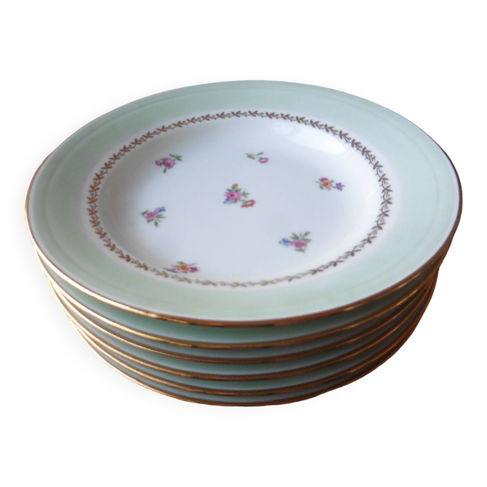6 flat plates in PL Limoges porcelain 24 cm flower decoration with gold edging