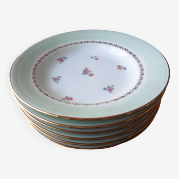 6 assiettes plates en porcelaine PL Limoges 24 cm décor de fleurs liseré or